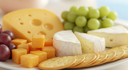 Assorted Cheese And Grapes With Crackers On Plate