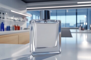 Modern fragrance bottle on a pristine surface for scent advertisement campaign