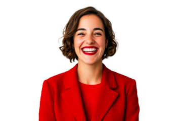 Woman joyfully smiling in a vibrant red coat, stylishly cut out transparent