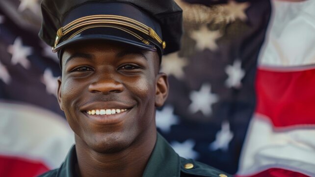  Proud African American military officer smiling in front of American flag, celebrating Veteran's Day patriotism - Powered by Adobe