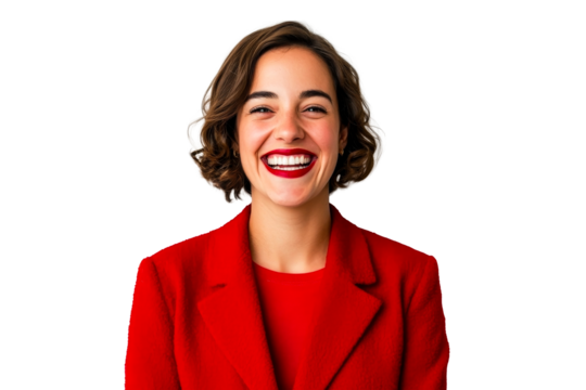 Woman joyfully smiling in a vibrant red coat, stylishly cut out transparent