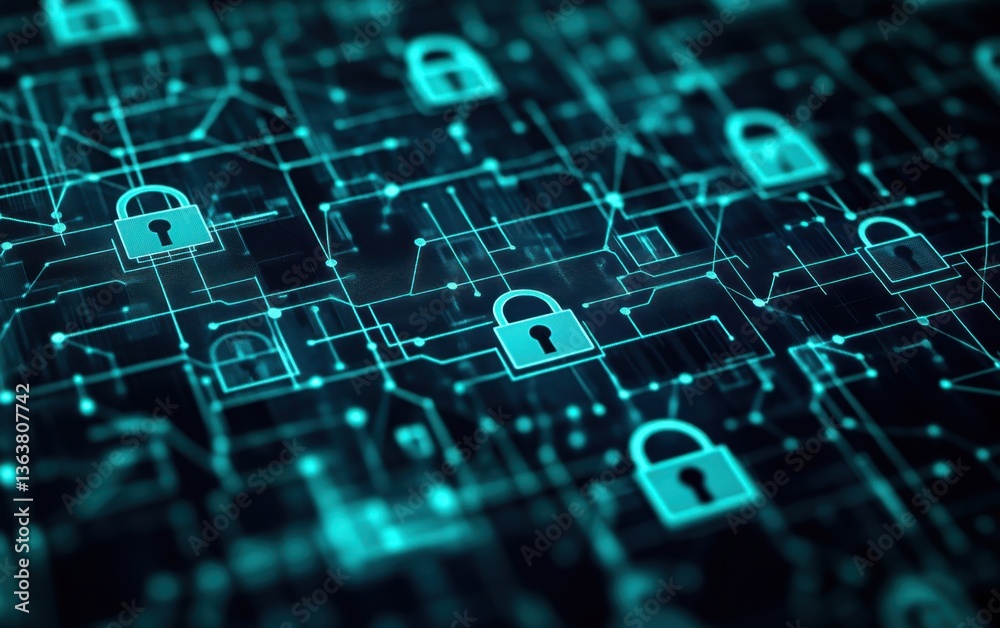 Poster a digital grid with multiple padlock icons, each representing different types of security it connect