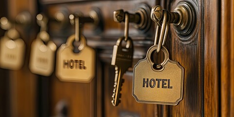 Hotel Keys Hanging on Wooden Door