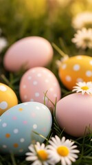 Pastel Easter Eggs Nestled in Spring Grass with Daisies