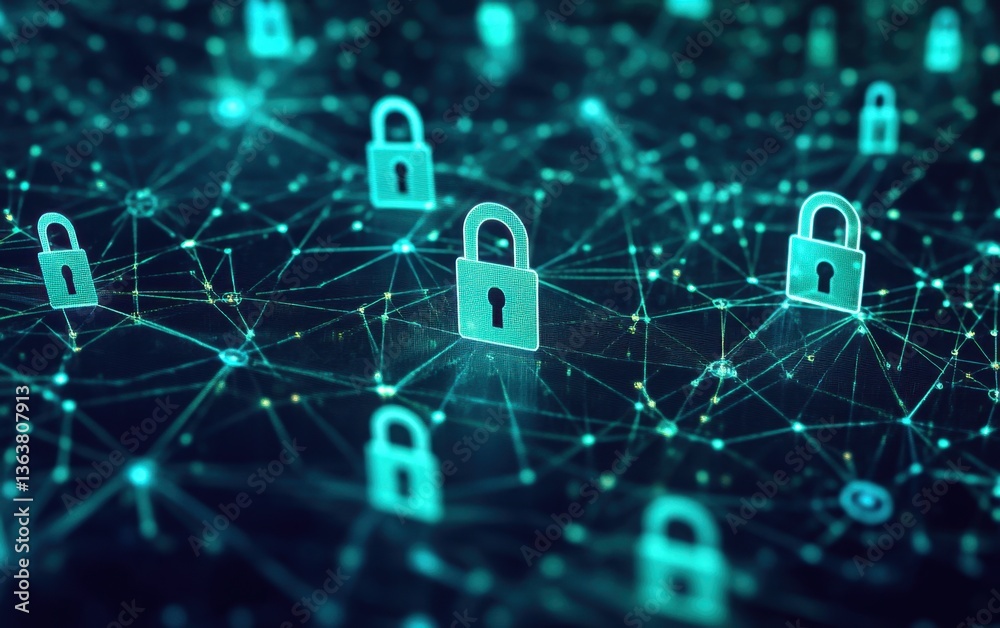 Poster a digital grid with multiple padlock icons, each representing different types of security it connect