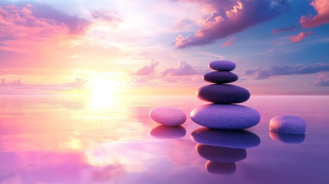 Serene sunset beach, stacked stones, calm ocean reflection, zen peace