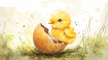 A charming watercolor illustration of a fluffy yellow chick hatching from an egg, symbolizing new beginnings and springtime joy. Timeless Hatch. Illustration