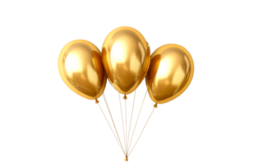 Three golden balloons floating against a clear backdrop
