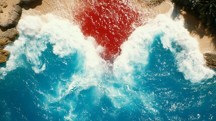 Red tide washes ashore on tropical beach.