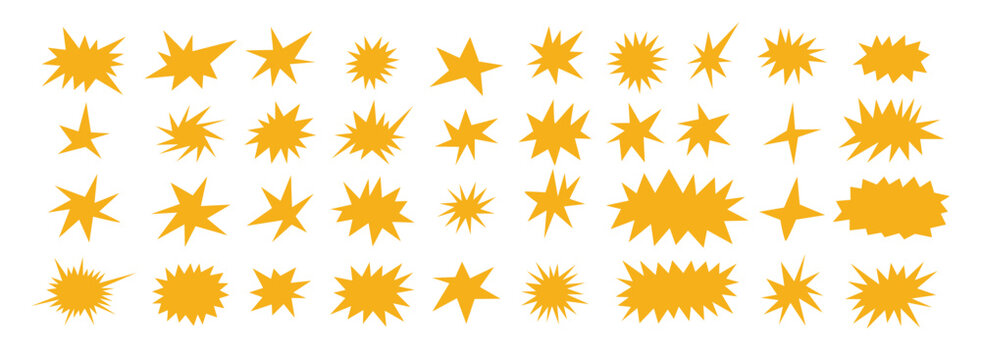 Starburst shapes set. Cute yellow collection of stars and sparkle doodle