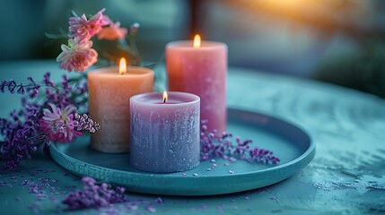 Elegant candle arrangement with flowers creating a serene atmosphere, perfect for home decor inspiration and calming visual experiences.