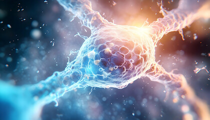 Microscopic view of a vibrant neuron with glowing synapses and flowing connections