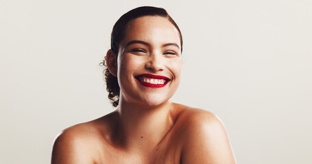 Portrait, shine and woman with skincare, cosmetics and wellness on white studio background. Face,...