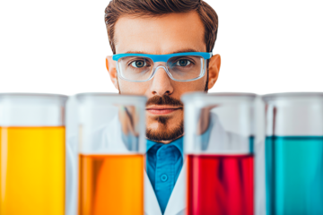 Man in Lab Coat Examining Colorful Liquid Beakers, cut out transparent