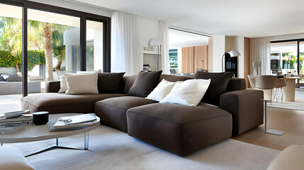 Modern living room with sectional sofa, coffee table, and access to patio