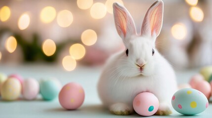Fototapeta premium Adorable White Easter Bunny with Pastel Eggs and Festive Lights