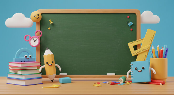 Happy school supplies cheerfully gather around a blank chalkboard ready for a new school year, full of playful charm and bright colors on a wooden desk.