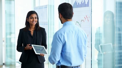 Confident Indian Female Investment Banker Discussing Financial Trends in Modern Office