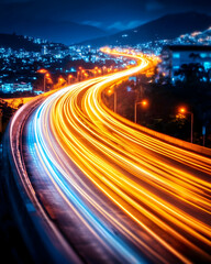 Obraz premium Night highway with light trails curving through city