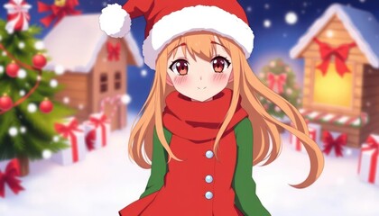 A cheerful anime character in a festive winter setting, wearing a Santa hat and red outfit.