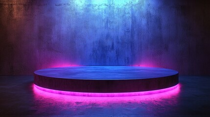 Neon Cyberpunk Stage: Futuristic Circular Platform with Glowing Pink and Blue Lights