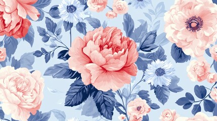 Floral classic seamless print featuring peony and rose patterns for shabby chic home decor and wallpaper designs