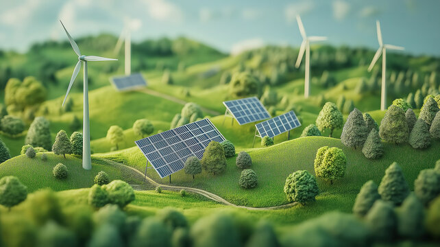 Green grass field with solar panels and wind turbines, promoting renewable energy initiatives