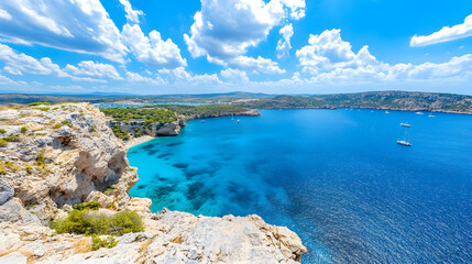 Obraz premium Panoramic view of a secluded cove with turquoise water, rocky cliffs, and sailboats on a sunny day