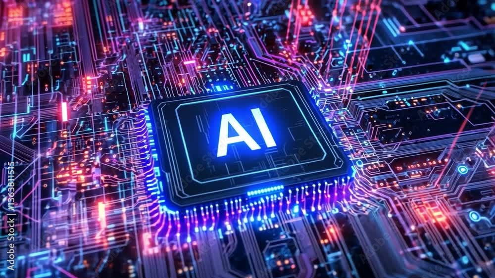 Poster digital intelligence: a close-up depiction of an advanced computer processor with the prominent 