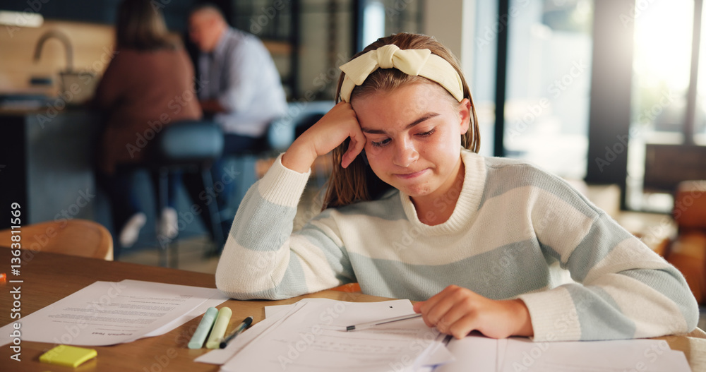 Poster girl, child and frustrated with homework, thinking and learning disability with math in living room.