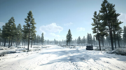 Fototapeta premium Winter landscape with snow covered ground and pine trees under a bright blue sky with scattered clouds and distant horizon