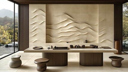 Serene minimalist room with textured wall and low table.