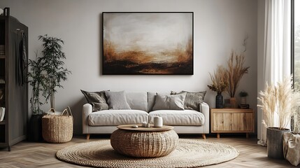 Cozy Living Room with Wooden Furniture and Plants, Cozy living room with wooden furniture, plants, and soft lighting