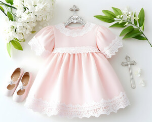 Pink baby girl dress with lace, shoes, and crosses
