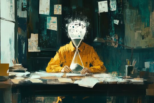 A painterly depiction of a person sitting at a desk, their head replaced by a sandglass with the sand running out.Job fatigue,overworking burnout,workaholic stress.