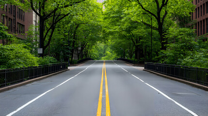 Obraz premium Straight Road Leading Through Dense Green Trees with Buildings on Sides under Bright Daylight
