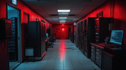 Cyberpunk Server Room: Red-Lit Corridor of Technology