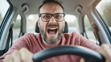Angry Man Driving Car Frustrated Driver Road Rage Stress Close Up