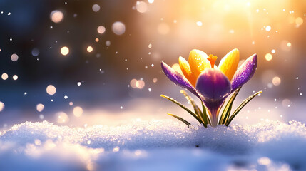 Purple and yellow crocus emerging from melting snow, backlit by warm sunlight