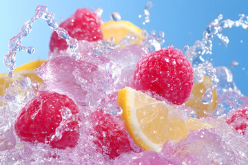 Raspberries and lemon slices splashing in iced water