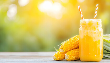 Refreshing corn smoothie in mason jar with corn on the cob