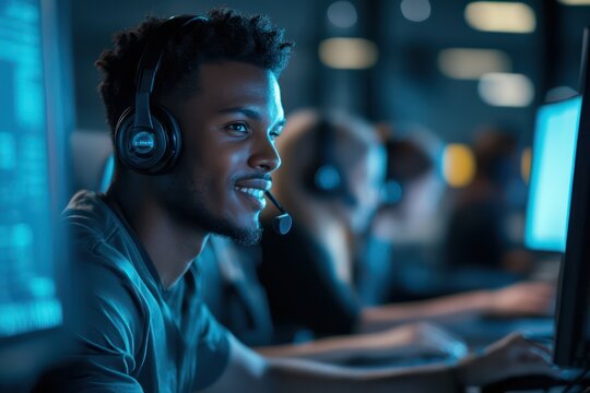 Smiling tech support agent at night