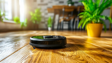 Robotic vacuum cleaner on hardwood floor in sunlit room (1)