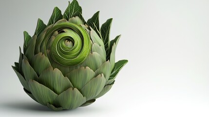 Fototapeta premium A large green artichoke with finely detailed leaves forming a natural spiral