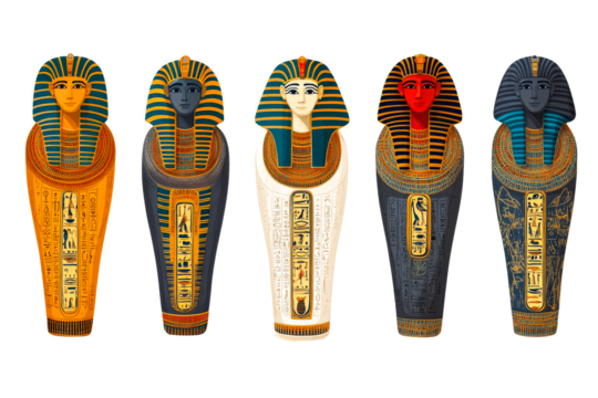 Five Egyptian sarcophagi with different design , cut out transparent
