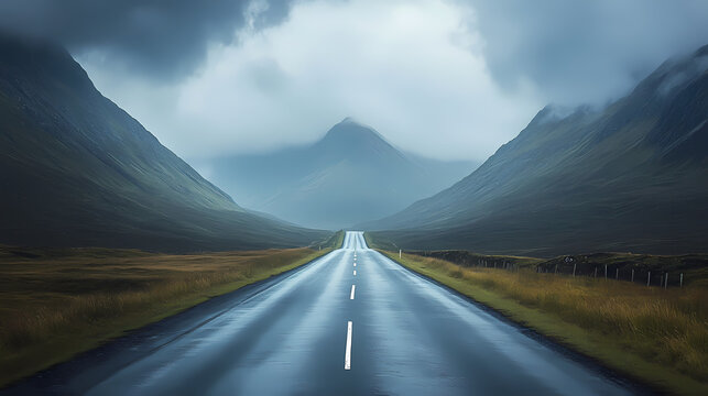 A solitary asphalt road stretches towards dramatic, verdant mountains under a brooding, overcast sky, promising adventure and untold journeys ahead. Verdant Incubation. Illustration