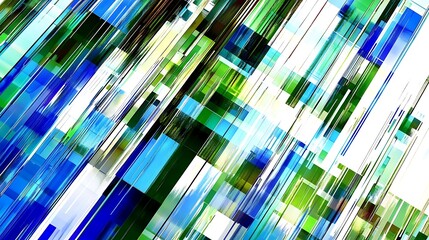 Abstract geometric background with dynamic diagonal lines in blue, green, and white tones creating a sense of movement