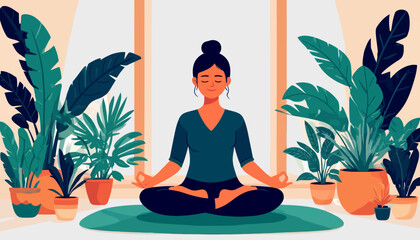 Peaceful vector illustration of person meditating in nature-inspired interior. Flat design with clean lines and soothing colors. Isolated on white for versatile applications.