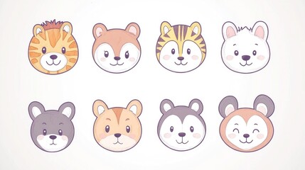 Obraz premium Adorable cartoon animal faces; cute wildlife icons; children's illustration; design element; for kids' products