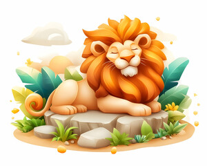 Serene cartoon lion resting on a rock in a lush landscape